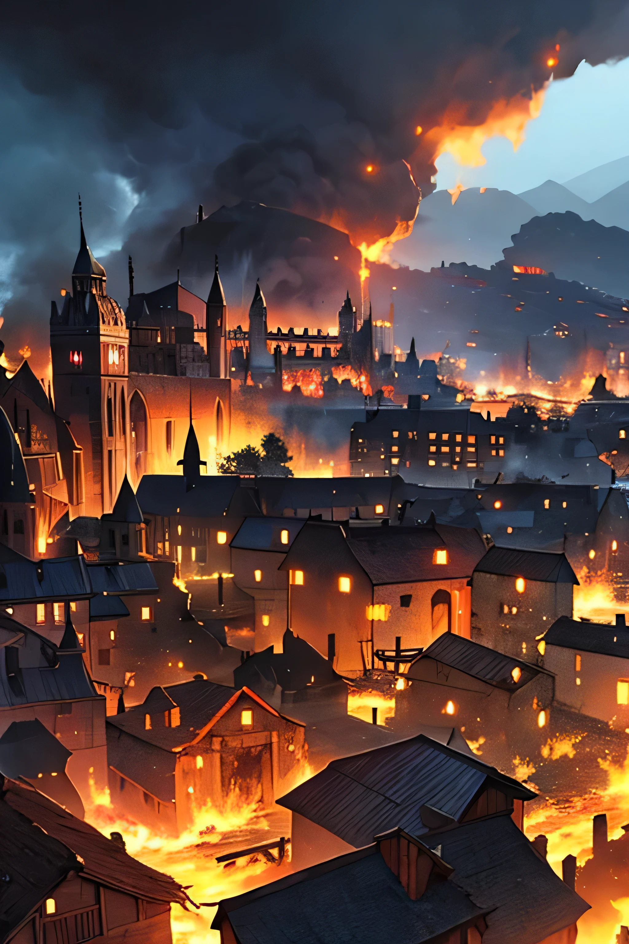 Medieval village on fire, Destruction, rubble, animation style..