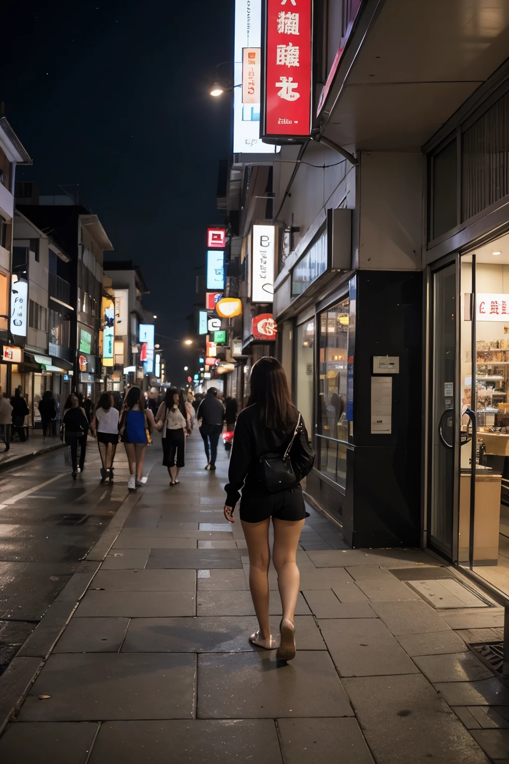 Um centro comercial de uma cidade japonesa, durante a noite, com a luz roxa sendo bem presente