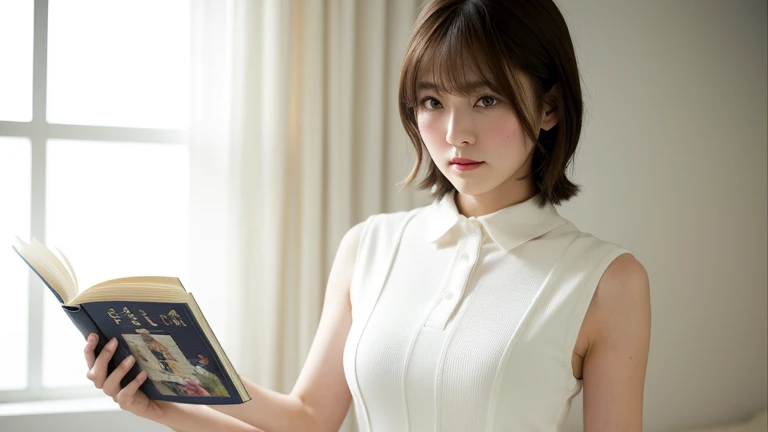 8k、highest quality、masterpiece、超A high resolution、picture、Beautiful Japanese Women(Comfortable:1.1) 、grace、good、Beautiful Face、(Holding a manga book)、Gradient lighting、One Girl、Delicate skin、Looking into the distance、Brown eyes、Short hair with bangs、(Large breasts:1.0)、(middle breast wheel:0.8)、(Realistic:1.4)、(highest quality:1.0)、(超A high resolution:1.0)、8k、Raw photo、(masterpiece:0.2)、(Purelos Face_v1:0.5)、Contrast Trim Polo Neck Bodycon Dress、one piece、Polo-style dress、Super mini length、The skirt is short、Futomo、Cotton clotheini Dress、Collared dress、Sleeveless、No sleeve、tight、Upper body naked、Cotton clothes、Sleeveless、No sleeve、Big butt、Large bust、A little chubby、Sweep your bangs to the side、Big Ass、neatly trimmed hairstyle、Put your chest together、Slightly open feeling、Brown clothes、necklace、、Big butt、Futomo、
