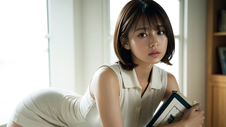 8k、highest quality、masterpiece、超A high resolution、picture、Beautiful Japanese Women(Comfortable:1.1) 、grace、good、Beautiful Face、(Holding a manga book)、Gradient lighting、One Girl、Delicate skin、Looking into the distance、Brown eyes、Short hair with bangs、(Large breasts:1.0)、(middle breast wheel:0.8)、(Realistic:1.4)、(highest quality:1.0)、(超A high resolution:1.0)、8k、Raw photo、(masterpiece:0.2)、(Purelos Face_v1:0.5)、Contrast Trim Polo Neck Bodycon Dress、one piece、Polo-style dress、Super mini length、The skirt is short、Futomo、Cotton clotheini Dress、Collared dress、Sleeveless、No sleeve、tight、Upper body naked、Cotton clothes、Sleeveless、No sleeve、Big butt、Large bust、A little chubby、Sweep your bangs to the side、Big Ass、neatly trimmed hairstyle、Put your chest together、Slightly open feeling、Brown clothes、necklace、、Big butt、Futomo、