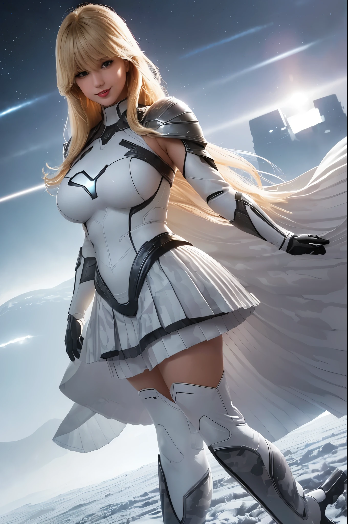 Supergirl, 29 years old, (((1girl))) ((( SelenaGomez:Jennifer Lawrence:0.7))), Beautiful woman (((shoulder length wavy blonde hair)))(bangs:1.2) defined body, Red lipstick, smiling slightly, hands free, standing, (( white, light grey, dark grey camouflage futuristic armor with matching heels, with pleated skirt)), snow covered field, daytime (huge_breasts:1.3) (curvy:1.1)(chubby:1.1)
