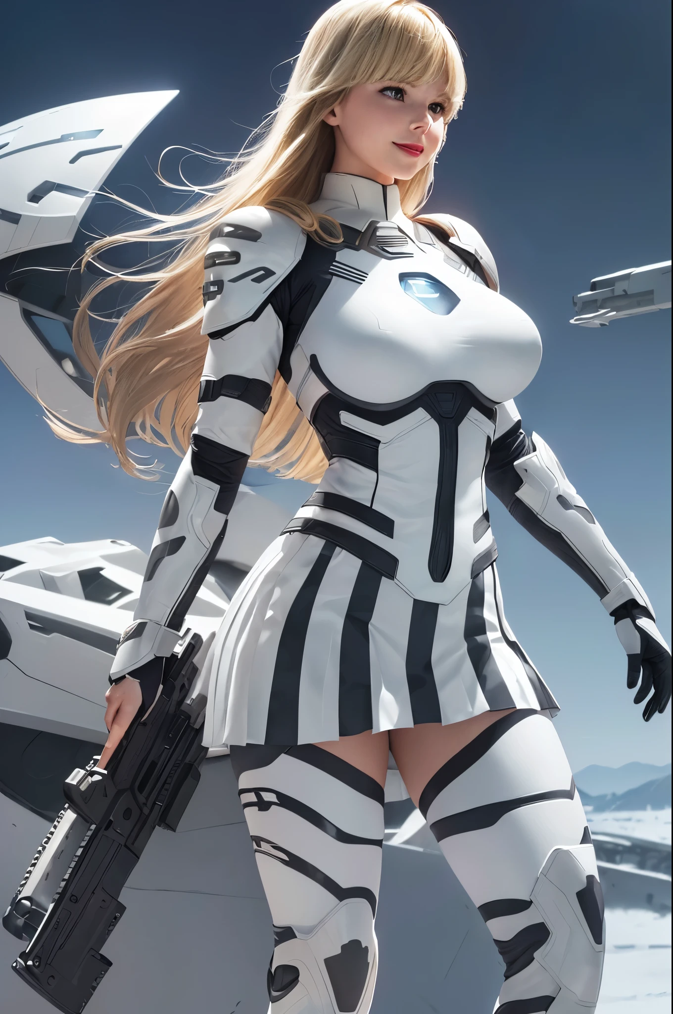 Supergirl, 29 years old, (((1girl))) ((( SelenaGomez:Jennifer Lawrence:0.7))), Beautiful woman (((shoulder length wavy blonde hair)))(bangs:1.2) defined body, Red lipstick, smiling slightly, hands free, standing, (( white, light grey, dark grey camouflage futuristic armor with matching heels, with pleated skirt)), snow covered field, daytime (huge_breasts:1.3) (curvy:1.1)(chubby:1.1)