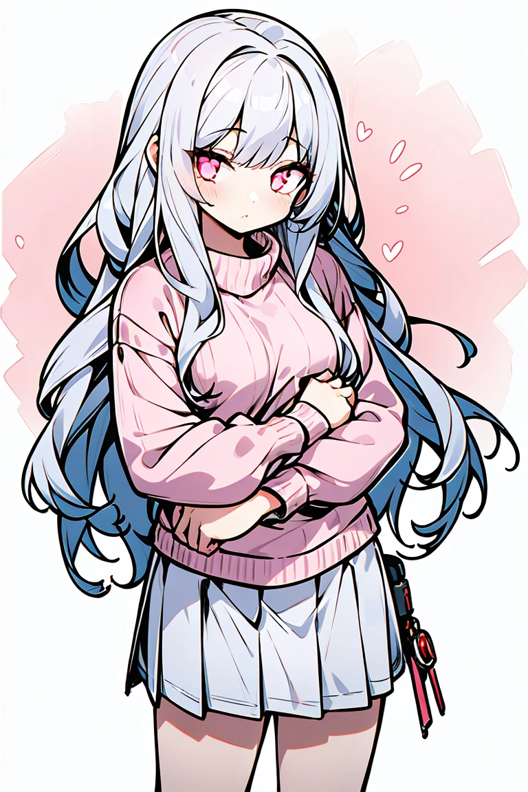 ((1 girl)), Cool woman,Rough poses, Latest modern fashion, Pink Sweater(big), White Skirt,fluffy, warm, Cowboy Shot,((Very detailed,highest quality, High resolution, Fallen, Sloppy, Lazy and slothful,Apathy, 8k wallpaper, Beautiful clothes,)),((Gray Hair, Long Hair,Straight hair)), eye shadow, eyeliner,Glow Eye, Very detailedな目, Beautiful Eyes, ((Glowing pink eyes))18-year-old girl,Five Fingers