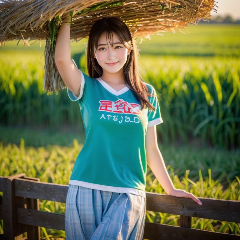 An Araf woman holds straw over her head in a field., cute gravure idol girl, Sakimichan Hdri, Young idol gravure, Wear farm clothes, Japanese Farmer, With blue-green clothes, Chinese girl, Thai anime girl, Casual photography, Ravier, the dazzling young idol, young and cute girl, Korean girl, Vietnamese woman