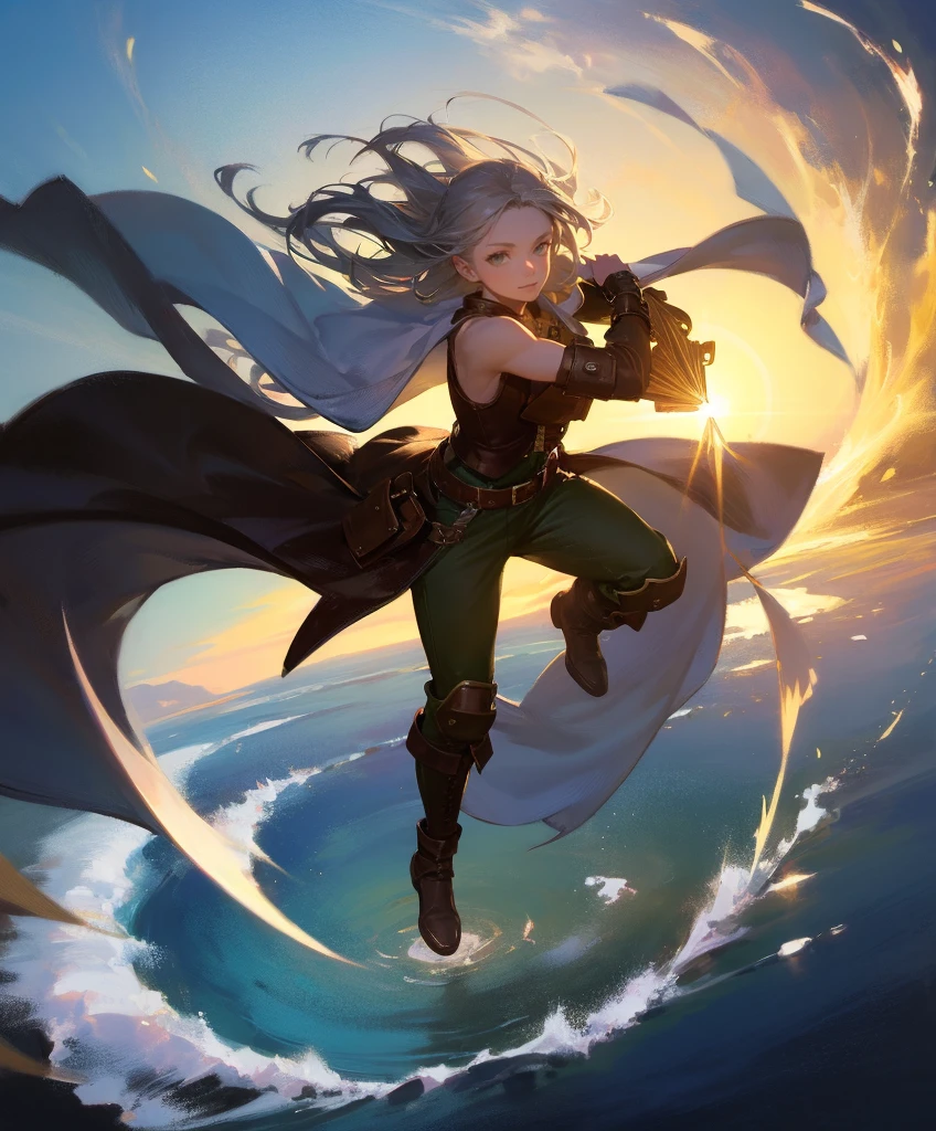 masterpiece, best quality, rpg character art, epic fantasy art style, 1 woman, Emily, 18 year old woman, ready for battle, flying through the air with breakneck speed, flying very fast, mature and confident demeanor, full body fantasy concept art, long silver hair flowing around her like the wind, silver eyes, (((a vortex of wind is wrapped around her))), high detail, wearing adventurer gear, fitted white blouse with a high collar, underneath a dark, form-fitting vest, (((vest has small brown leather shoulder pads on each shoulder))), dark olive green pants with a leather belt tucked into knee-high brown learher boots, attire is modest but feminine, intricate details, ultra high resolution, sharp focus, HD, 8k, clear facial features, clear details, zoomed out view, looking at viewer