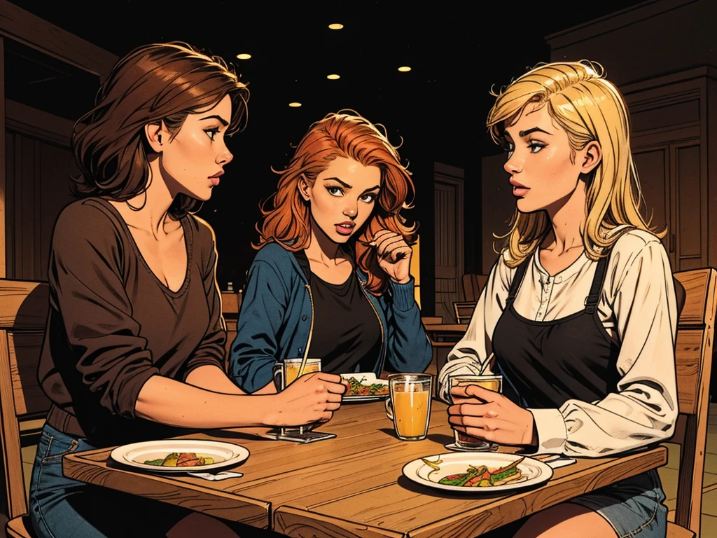typical bright college dining hall:1.2,metal square tray:1.2, morning light, naughty girls:, chatting, gossip, modern teenager outfit:1.2, blond, black-haired, red-haired, simple table, bright background,