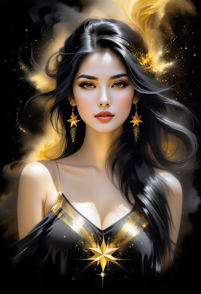 Gorgeous and hot Female face drawing with charcoal, long black hair, Pino Daeni style.
golden patterns, golden and black spirit, liquid gold explosion, golden smoke magic, star dust, golden milky way, black background, magic fog, alcohol ink,