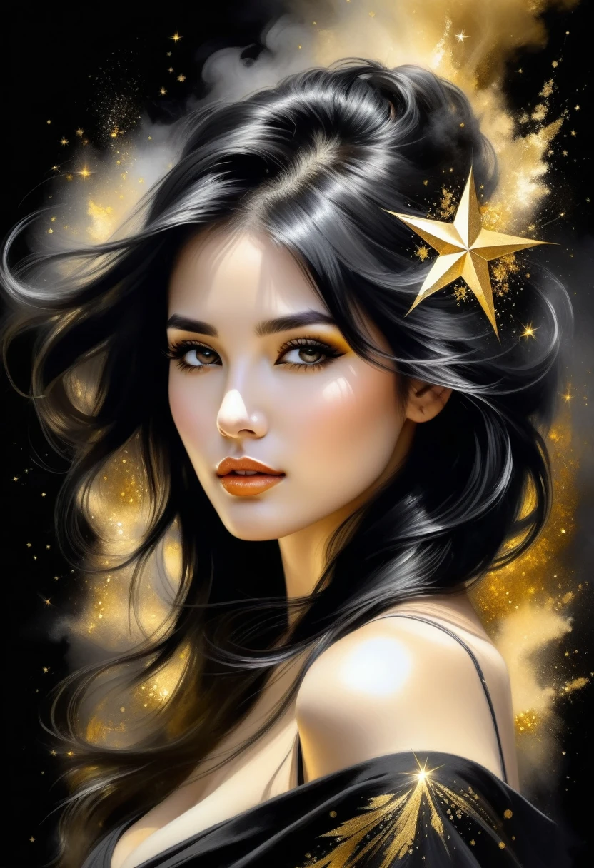 Gorgeous and hot Female face drawing with charcoal, long black hair, Pino Daeni style.
golden patterns, golden and black spirit, liquid gold explosion, golden smoke magic, star dust, golden milky way, black background, magic fog, alcohol ink,