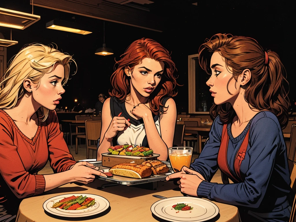typical bright college dining hall:1.2,metal square tray:1.2, morning, naughty girls:, chatting, gossip, modern teenager outfit:1.2, blond, black-haired, red-haired, simple table, empty bright background,