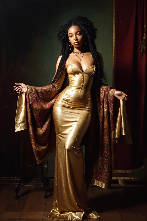 , black woman African, full body, Renaissance painting European,Woman standing, Long curly hair. Black woman African in Renaissance period dress painting of a woman, in the art style of bowater, dark skin female goddess of love, charlie bowater rich deep colors, gorgeous black woman, artstyle tom bagshaw, fantasy genre portrait, tom bagshaw donato giancola, tom bagshaw artstyle, earley, beautiful character painting, black woman African