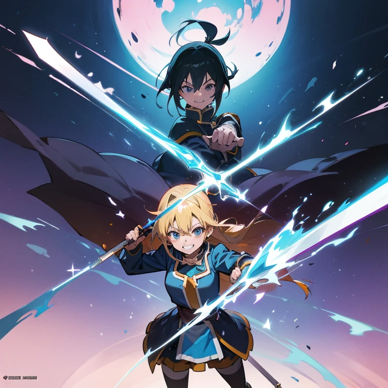 (KonoSuba)and(Sword Art Online)、Ultimate quality、Graphic Novel、Grin、look down、Dark Shadows、2d,Original quality、Novel、crooked、(Originality)、crazy、crazy、dynamic、dynamic