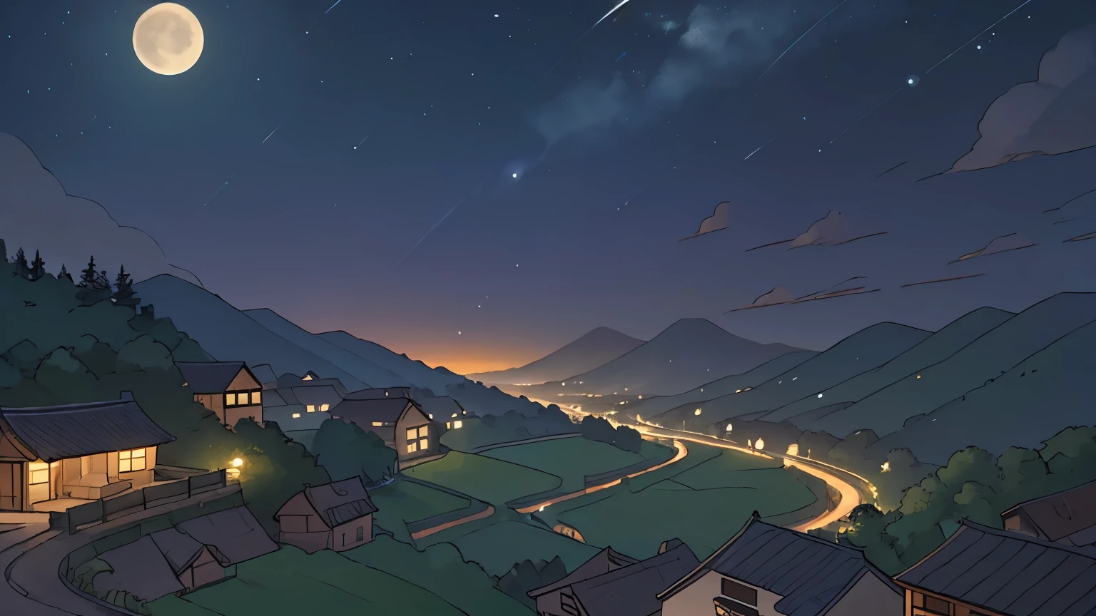 A small village surrounded by beautiful nature, distant view, distant viewpoint, summer、The view of the summer leaves,  night, dark, moonlit night