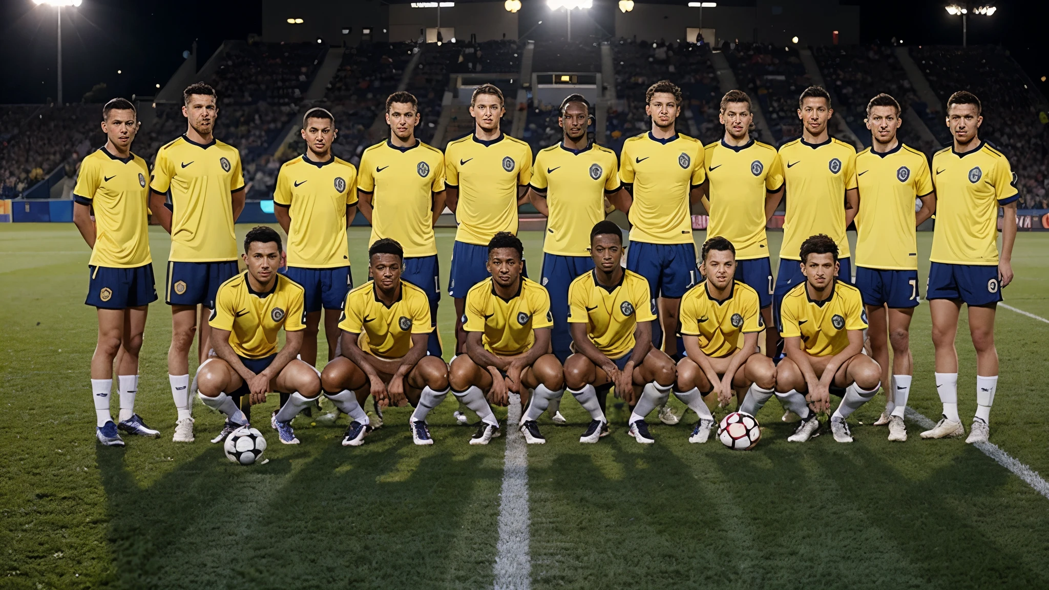 "An entire soccer team of 11 players, including 10 outfield players and one goalkeeper, posing for a pre-match team photo. Some players are standing in the back row while others are crouching in the front row. They are all wearing matching uniforms with yellow shirts and blue shorts. In front of them, there is a shiny crystal soccer ball on the ground. The background includes the edge of the soccer field and part of the futuristic stadium, with bright lights and high-tech features. The players have confident and determined