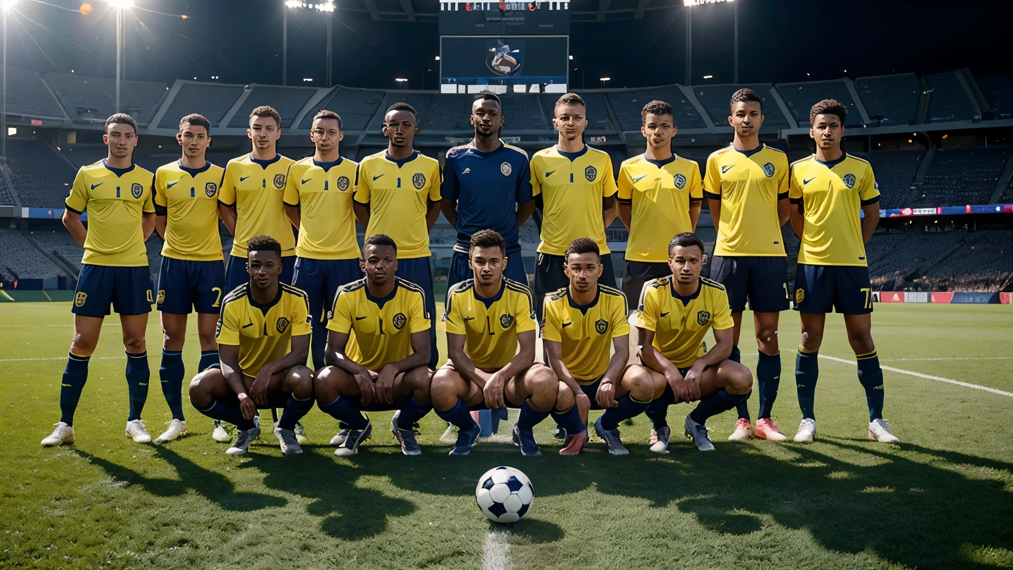 "An entire soccer team of 11 players, including 10 outfield players and one goalkeeper, posing for a pre-match team photo. Some players are standing in the back row while others are crouching in the front row. They are all wearing matching uniforms with yellow shirts and blue shorts. In front of them, there is a shiny crystal soccer ball on the ground. The background includes the edge of the soccer field and part of the futuristic stadium, with bright lights and high-tech features. The players have confident and determined
