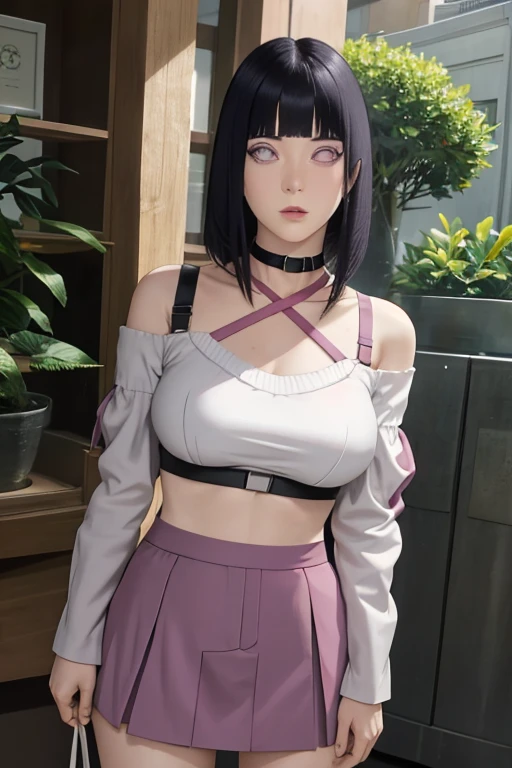masterpiece, absurdres, hinata\(boruto\), 1girl, solo,mature female, off-shoulder strap bra, high waist short skirt, looking at viewer, perfect composition, detailed lips, big breast, beautiful face, body propotion, blush, (pink lips), long hair, purple eyes, soft gaze, super realistic, detailed, photoshoot, realistic face and body,