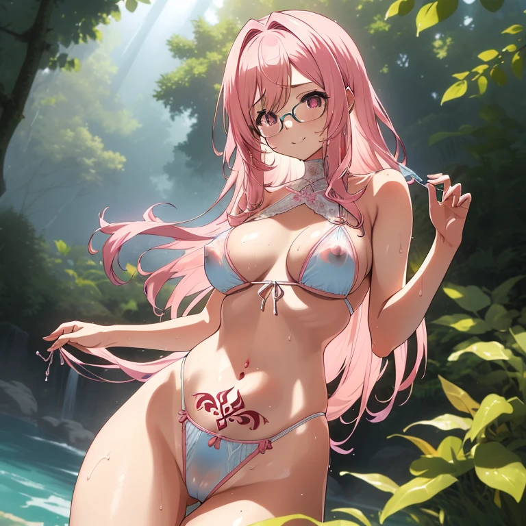 (masterpiece, best quality:1.2), cowboy shot, (solo), (1girl), glasses, long fluffy pink hair, hair blowing, gorgeous and tall body, wide hips, slight smile, (very sexy and transparent swinswit):1.3, navel exposed, belly, gorgeous natural breasts, (pink breasts niples under swimswit transparency), (cameltoe under swimswit transparency), (wet body and swimswit), white swimswit, (tattoed body), very sexual pose, in a tranquil forest.