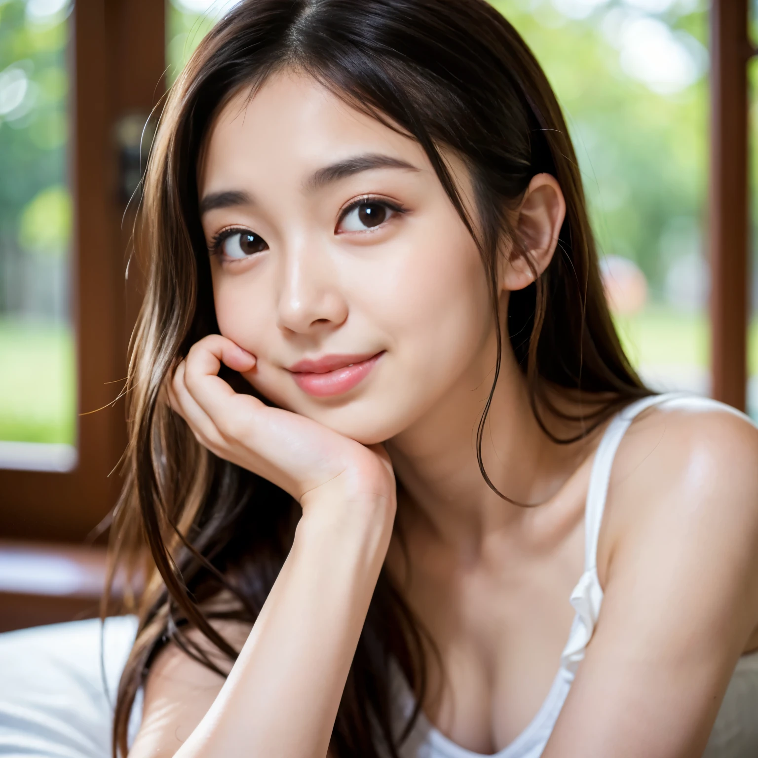 (Best-quality, Masterpiece, Ultra-High-Resolution, (Photorealistic:1.4), Raw Photo, depth of field, professional lighting, perfect ???????, extremely details), 1girl, 15-years-old, the most famous Japanese idol, in luxury hotel suite, wearing summer clothes with the latest design, looking at viewer, (extremely cute face like the most popular Japanese idol, (extremely cute and extremely big eyes), extremely beautiful skins), extremely cute hair, extremely cute long-eyelashes, extremely cute lips, extremely cute body, innocent smile