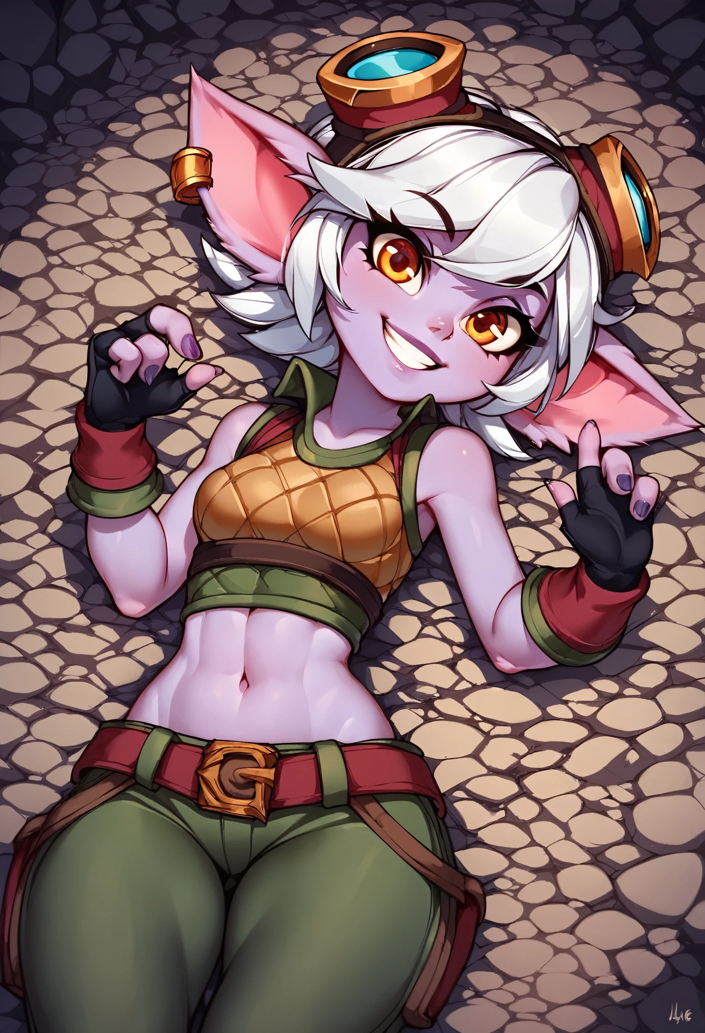 tristana, mujer yordle, vista desde atras, bikini, muslos generosos, trasero grande, vista desde atras, mano en la cintura, de espaldas a la camara, trasero en primer plano, trasero sexy