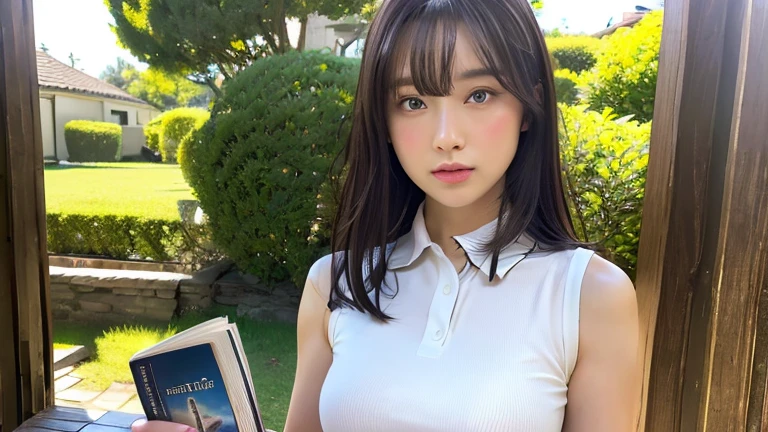 8k、highest quality、masterpiece、超A high resolution、picture、Beautiful Japanese Women(Comfortable:1.1) 、grace、good、Beautiful Face、(Holding a manga book)、The world of manga、Gradient lighting、One Girl、Delicate skin、Looking into the distance、Brown eyes、Short hair with bangs、(Large breasts:1.0)、(middle breast wheel:0.8)、(Realistic:1.4)、(highest quality:1.0)、(超A high resolution:1.0)、8k、Raw photo、(masterpiece:0.2)、(Purelos Face_v1:0.5)、Contrast Trim Polo Neck Bodycon Dress、one piece、Polo-style dress、Super mini length、The skirt is short、Futomo、Cotton clotheini Dress、Collared dress、Sleeveless、No sleeve上半身裸、Cotton clothes、Sleeveless、No sleeve、Large bust、A little chubby、Sweep your bangs to the side、