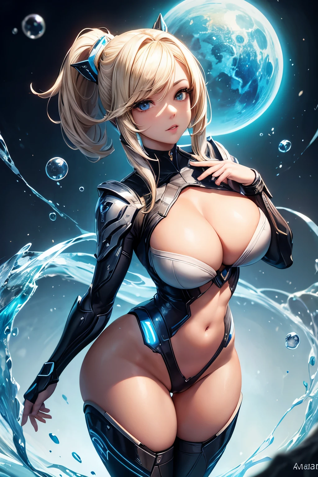 (Masterpiece), (Wisp:1.2) (from warframe game), (advaced tech outfit:1.2) (human face), (thigh gap), sharp focus, 4k, blonde, (round breasts), (bubble butt), (wide hips:1.1), (slim waist:1.1), (thick thighs:1.1), (detailed face and eyes:1.2), (tan skin:1.2), (detailed enrichment), cute, (extremely detailed body), breasts view, (detailed hand and finger:1.2), (medium breasts:1.2), (busty), (deep cleavage:1.2).