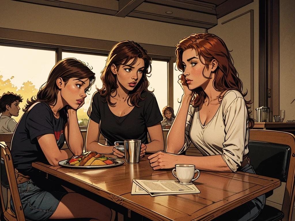 typical bright college dining hall:1.2,metal square tray:1.2, morning light, naughty girls:, chatting, gossip, modern ager outfit:1.2, blond, black-haired, red-haired, simple table,