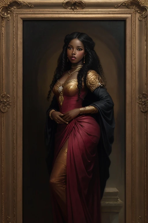 black woman African, full body, Renaissance painting European,Woman standing, Long curly hair. Black woman African in Renaissance period dress painting of a woman, in the art style of bowater, dark skin female goddess of love, charlie bowater rich deep colors, gorgeous black woman, artstyle tom bagshaw, fantasy genre portrait, tom bagshaw donato giancola, tom bagshaw artstyle, earley, beautiful character painting, black woman African