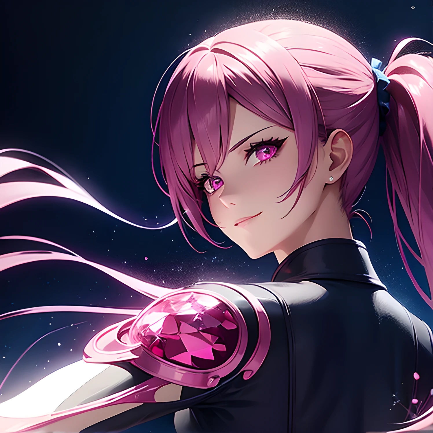 A woman, blue and dark pink hair, ponytails, wearing Flashy clothes, background outside sparkling, crystal pink eyes, doing a poss, smirking HD
