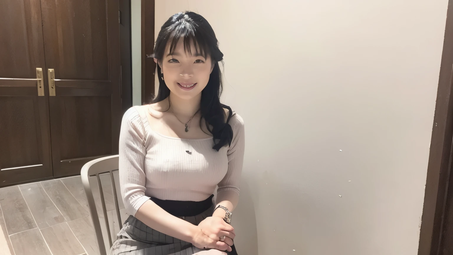 Browsing Caution, ((highest quality)), ((8k)), ((masterpiece:)), (Perfect appearance), (Photorealism:1.2), ((Woman sitting on chair)), Japanese women, (52 years old), Married women, Smiling Kindly, Short bangs, Long Hair, (Long Hair with one curl at the end), No sleeve, (A loose fitting blouse:1.2), (High Waist Skirt:1.2), Tight long skirt with slit, Big Breasts, pumps, (whole body),