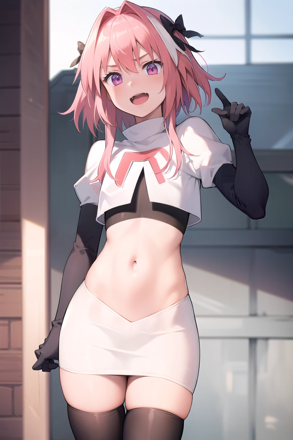 absurdres, masterpiece, best quality, astolfo fate,1boy, male focus, trap, pink multicolored hair, pink hair, white hair, hair intakes, long hair, pink detailed eyes, crossdressing,1boy, team rocket,team rocket uniform,white skirt,red letter R,crop top,black thigh-highs,black elbow gloves, cowboy shot