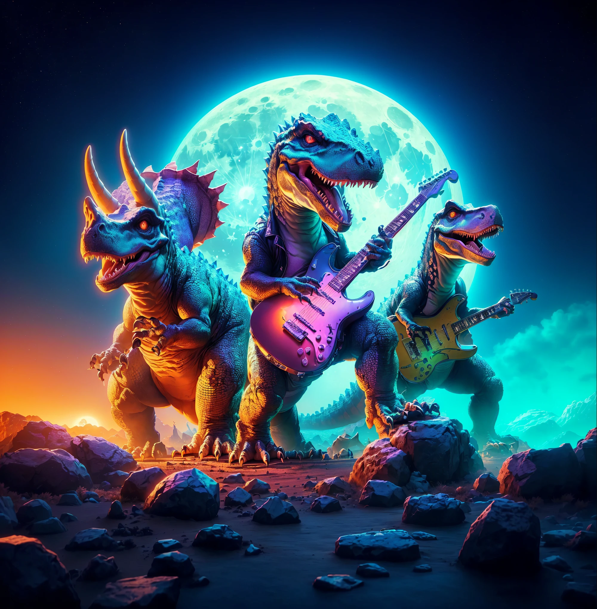 there are three dinosaurs playing guitar in front of a full moon, background artwork, by Wayne England, epic retrowave art, synthwave art, inspired by Adam Rex, by Randy Gallegos, dinosaurs, 3 d epic illustrations, jurassic image, synthwave art style, synthwave image, by Ignacio Zuloaga, rocking out, detailed game art illustration