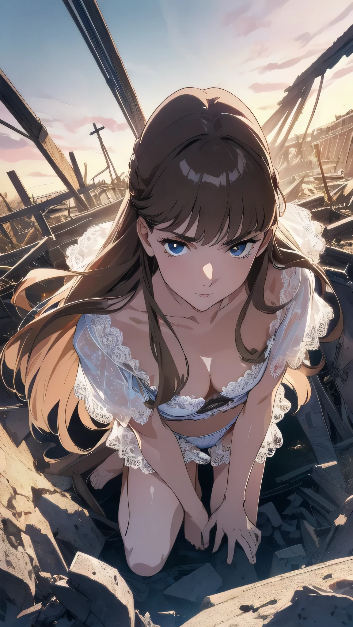 From above,looking up,kneeling,Relena Peacecraft,brown Long hair, girl on top,hair all on eyes,glaring ,realistic white lace panties,realistic white lace bra,,black eyes,big eyes,beautiful face,,zitome ,disgust,in the ruins,battle field background,masterpiece ,8k unity wallpaper,anime key visual,highest quality, High resolution, unity 8k wallpaper, (shape:0.8), highly detailed face,highly detailed eye,glowing eyes , shiny skin,fine skin,white skin,dense skin,detailed hair,highly detailed legs,perfect lighting, Detailed CG, (perfect hands, perfect anatomy),High resolution,anime key visual,Kyoto Animation,(Detailed wear ),slender limbs, delicate curves, dainty hands, tiny feet,figure;0.8