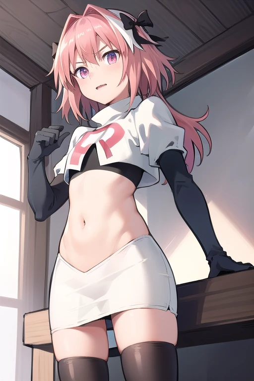 absurdres, masterpiece, best quality, astolfo fate,1boy, male focus, trap, pink multicolored hair, pink hair, white hair, hair intakes, long hair, pink detailed eyes, crossdressing,1boy, team rocket,team rocket uniform,white skirt,red letter R,crop top,black thigh-highs,black elbow gloves, cowboy shot