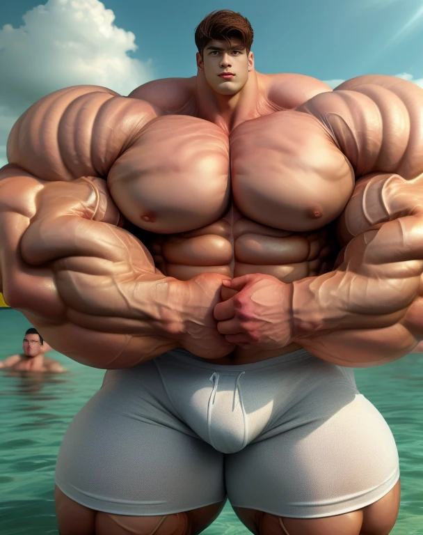 1 asian men, handsome, giant, buzz haircut, model shoot style, looking at camera, standing, posing arms, outdoor, large oceans, strong body, bulk, naked, wear white swimwear underpants, bulge, big, brutalmass, giant, muscular body, bulk, massive body, large meaty body size, brown skin, big arms, ballooning meaty pecs. UHD, Realistic, intricate detail