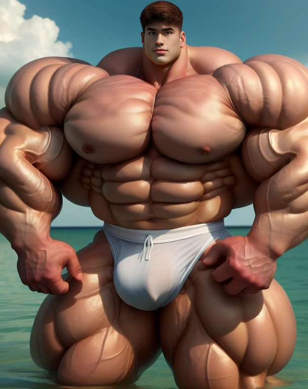 1 asian men, handsome, giant, buzz haircut, model shoot style, looking at camera, standing, posing arms, outdoor, large oceans, strong body, bulk, naked, wear white swimwear underpants, bulge, big, brutalmass, giant, muscular body, bulk, massive body, large meaty body size, brown skin, big arms, ballooning meaty pecs. UHD, Realistic, intricate detail