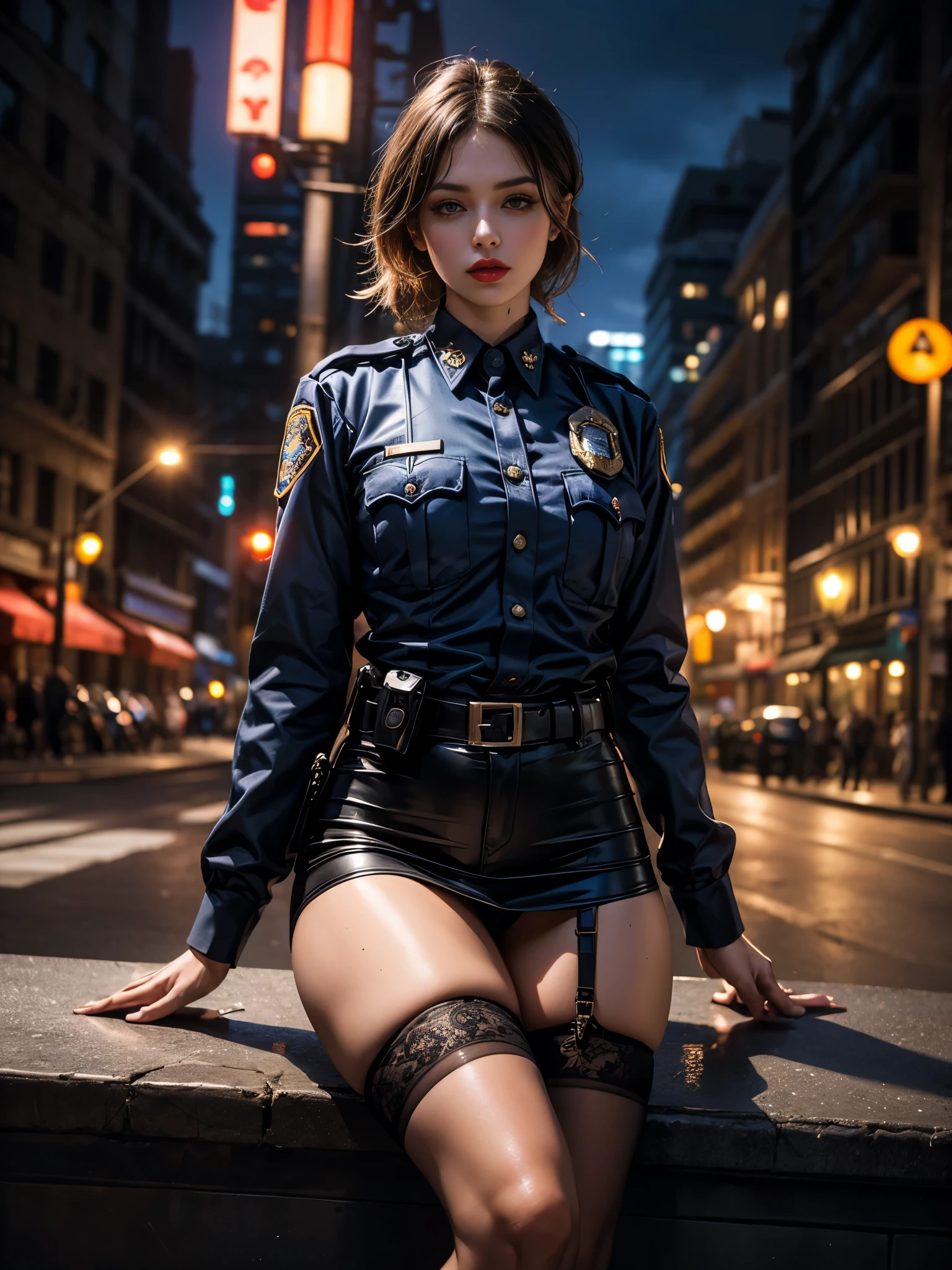 Solo, (Police Uniform, Policewoman), Stockings, City Lights, (Looking at the audience: 1.3), Lips Apart, Red Lips, Shiny Skin, Skin Dents, Best Quality, Ultra High Resolution, (Realism: 1.4),