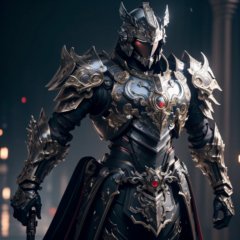 master piece, best quality, 4k, (master piece:1.5), (best quality:1.5), 8k,wallpaper, Full Body, ethereal lighting, sharp focus, Full Body, A Male dark fantasy light knight wearing an intricate elaborate black red chest armor with ornaments, no helmet, holding a machine gun , bridge background