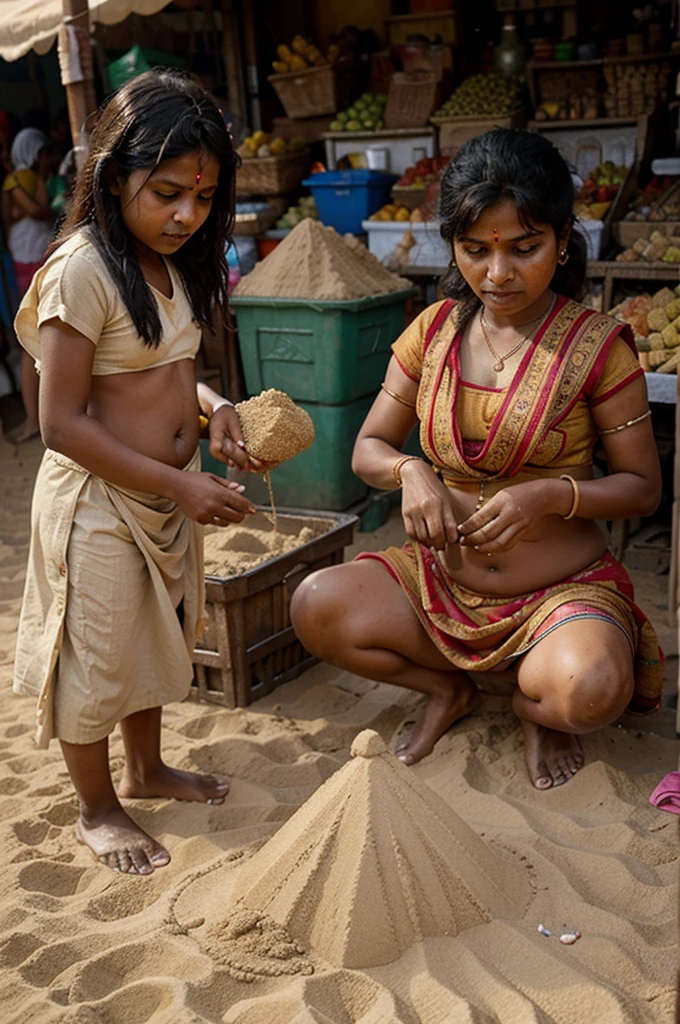 Indian poor women making lord Ganesha status with sand in market and kids are watching them