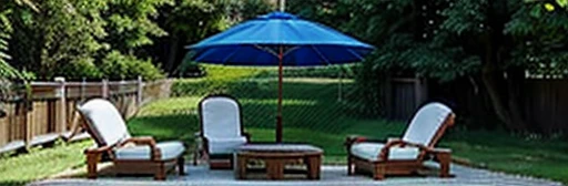 Blue sky above. There are trees underneath. There is a wooden fence in front of the trees. There is a green lawn in front of the fence. On the lawn there is a red Chinese umbrella and 4 chairs. In the foreground is a large pond with decorative Stones, table and 3 sun loungers. There are 3 thujas growing on the left . There is a large body of water in the foreground 