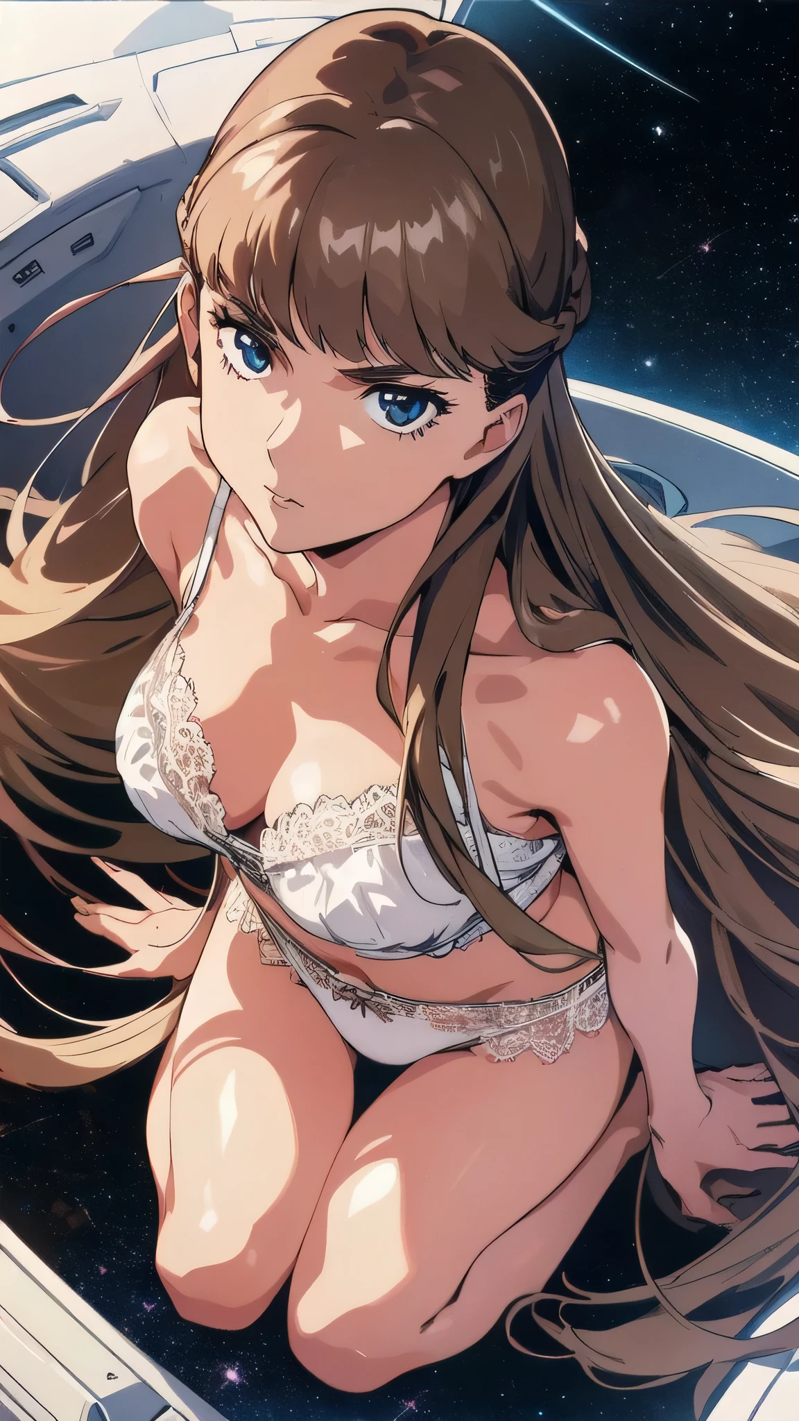 From above,looking up,kneeling,Relena Peacecraft,brown Long hair, girl on top,hair all on eyes,glaring ,realistic white lace panties,realistic white lace bra,,black eyes,big eyes,beautiful face,,zitome ,disgust,in the cockpit ,space background,masterpiece ,8k unity wallpaper,anime key visual,highest quality, High resolution, unity 8k wallpaper, (shape:0.8), highly detailed face,highly detailed eye,glowing eyes , shiny skin,fine skin,white skin,dense skin,detailed hair,highly detailed legs,perfect lighting, Detailed CG, (perfect hands, perfect anatomy),High resolution,anime key visual,Kyoto Animation,(Detailed wear ),slender limbs, delicate curves, dainty hands, tiny feet,figure;0.8