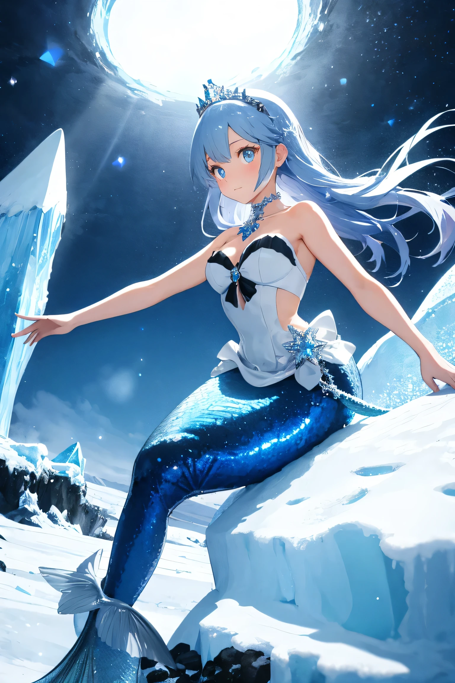 A mermaid princess stands regally on an iceberg's edge, her shimmering tail glistening in the soft blue light of a winter wonderland. Frosty mist swirls around her, and delicate icicles hang like diamonds from the sky above. She wears a sparkling tiara and holds a gleaming ice sword, her sapphire eyes shining with icy determination.