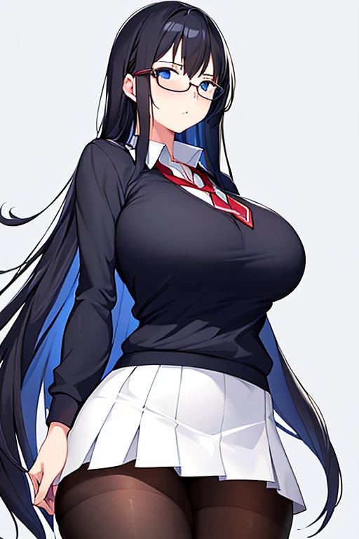 1girl, black hair, long hair, blue eyes, red glasses, glasses, blue eyes, huge breasts, thick thighs, mature female, (school uniform), black shirt, shirt, dark blue shirt, white skirt, pantyhose, shy, timid, miniskirt, ((white skirt)), 