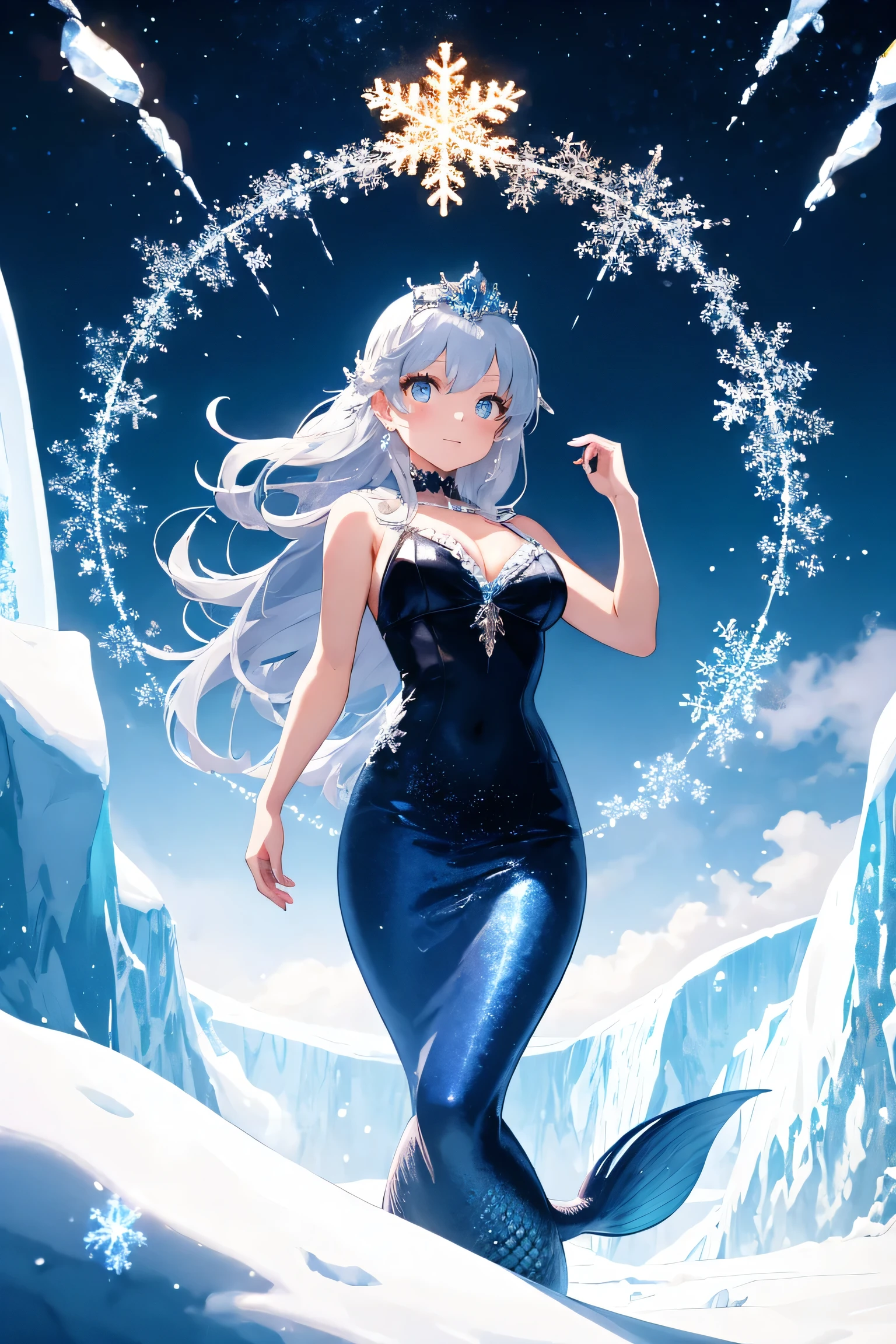 A mermaid princess stands regally on an iceberg's edge, her shimmering tail glistening in the soft blue light of a winter wonderland. Frosty mist swirls around her, and delicate icicles hang like diamonds from the sky above. She wears a sparkling tiara and holds a gleaming ice sword, her sapphire eyes shining with icy determination.