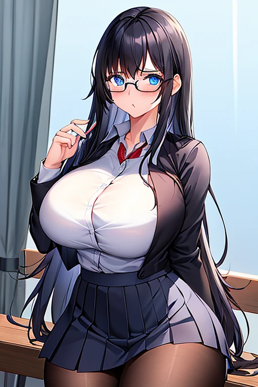 1girl, black hair, long hair, blue eyes, red glasses, glasses, blue eyes, huge breasts, thick thighs, mature female, (school uniform), black shirt, shirt, dark blue shirt, white skirt, pantyhose, shy, timid, miniskirt, ((white skirt)), 