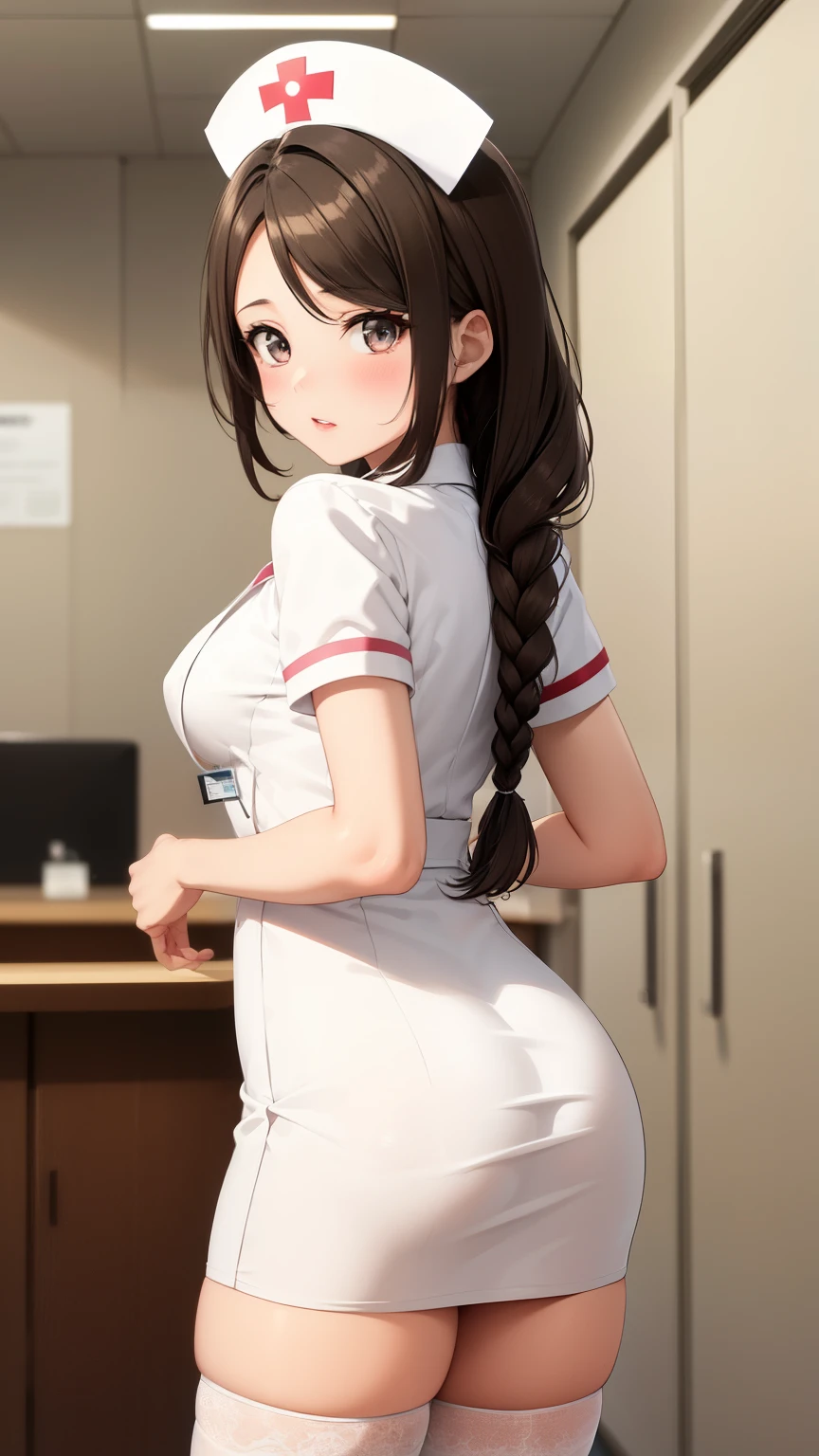 masterpiece, best quality, highly detailed, ultra high res, ayase arisa, 1girl, solo, hair ornament, brown hair in a braid, glossy lips, medium breasts, beautiful detailed eyes, bangs, nurse, nurse cap, white nurse dress, white thigh highs, ID card, nurse office, hospital infirmary, standing, looking back at viewer