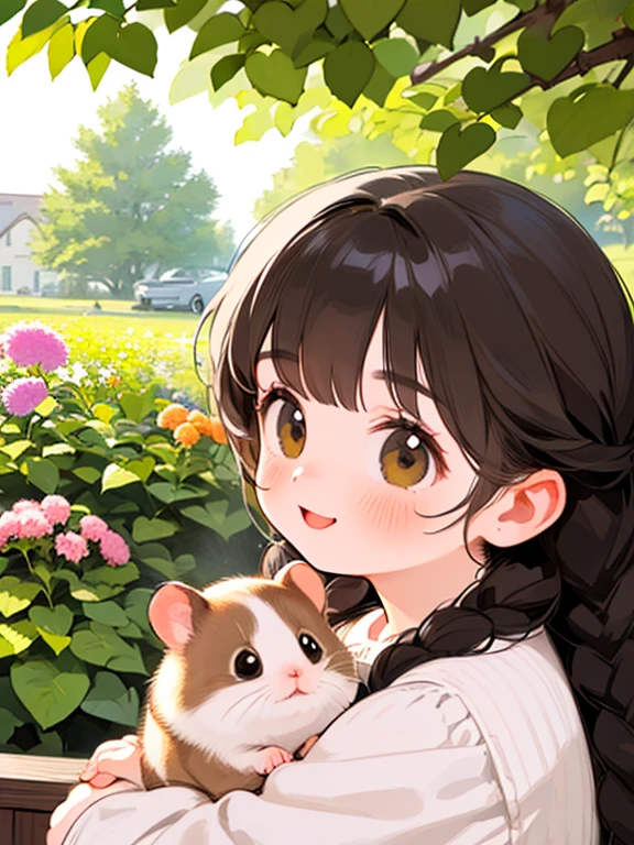 (top quality,4K,8K,a high resolution,masterpiece:1.2), Very detailed, (deformed, realistic, realistic:1.3),one girl,Cute,very short stature,10 years,laughing happily, Brown eyes,length, fluffy, black hair braids,White dress,hugging a hamster,The hamster is much larger than the girl.,Hamster – golden hamster.,ハムスターはfluffy,Spring background - garden of a country house,