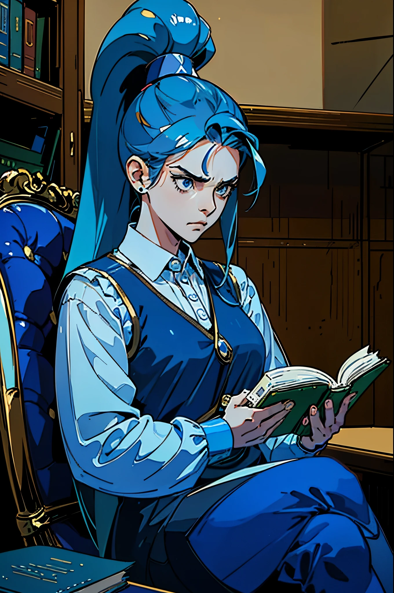 25 year old woman, (reading, focused, frowning), (tilted head), blue long hair, attached into a ponytail, blue eyes, blue costume vest, white shirt with buttons, sitting on a chair into a library, dim light, face lighting, best quality, 8k, 4k, uhd
