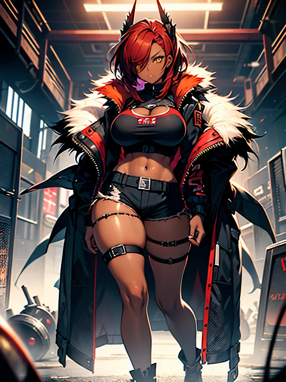 Female, dark skinned, spikey red hair, red fur, thick thighs, large breasts, yellow eyes, eyeshadow, black tube top, open cropped jacket, black hot pants, fishnet leg wear, scar over one eye, full body shot, tall, sharp eyes