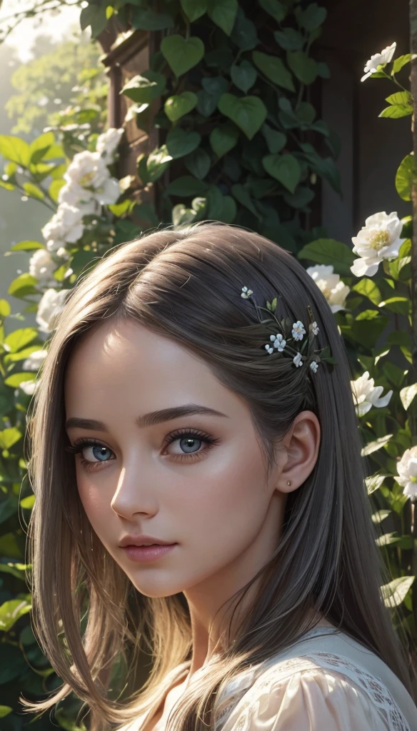 a girl in a garden, beautiful detailed eyes, beautiful detailed lips, extremely detailed eyes and face, long eyelashes, a small gray cat, intricate floral patterns, lush greenery, soft lighting, cinematic composition, elegant pose, warm color palette, detailed textures, photorealistic, (best quality,4k,8k,highres,masterpiece:1.2),ultra-detailed,(realistic,photorealistic,photo-realistic:1.37)