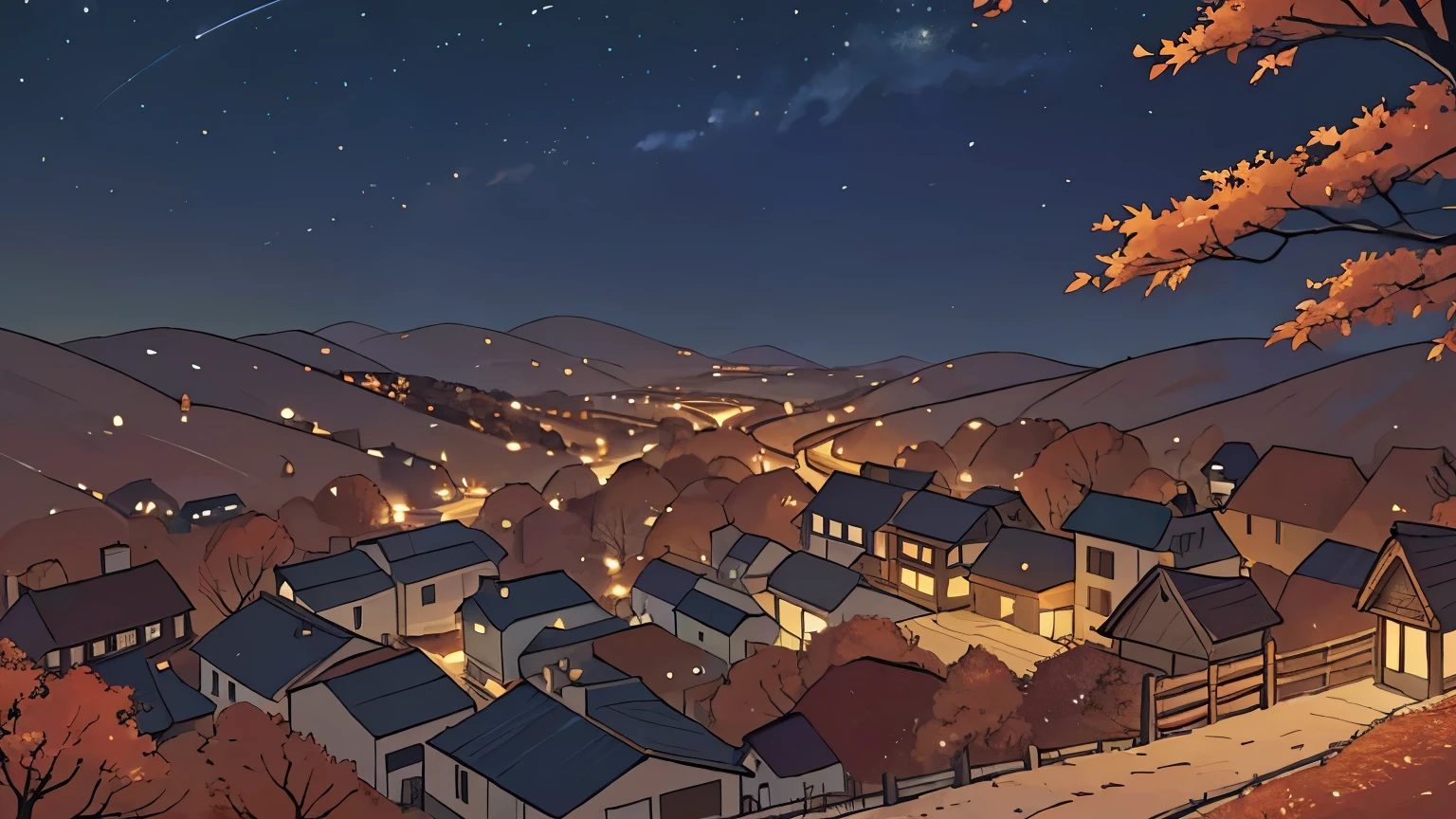 A small village surrounded by beautiful nature, distant view, distant viewpoint, autumnal、The view of the autumn leaves
, night, dark, light