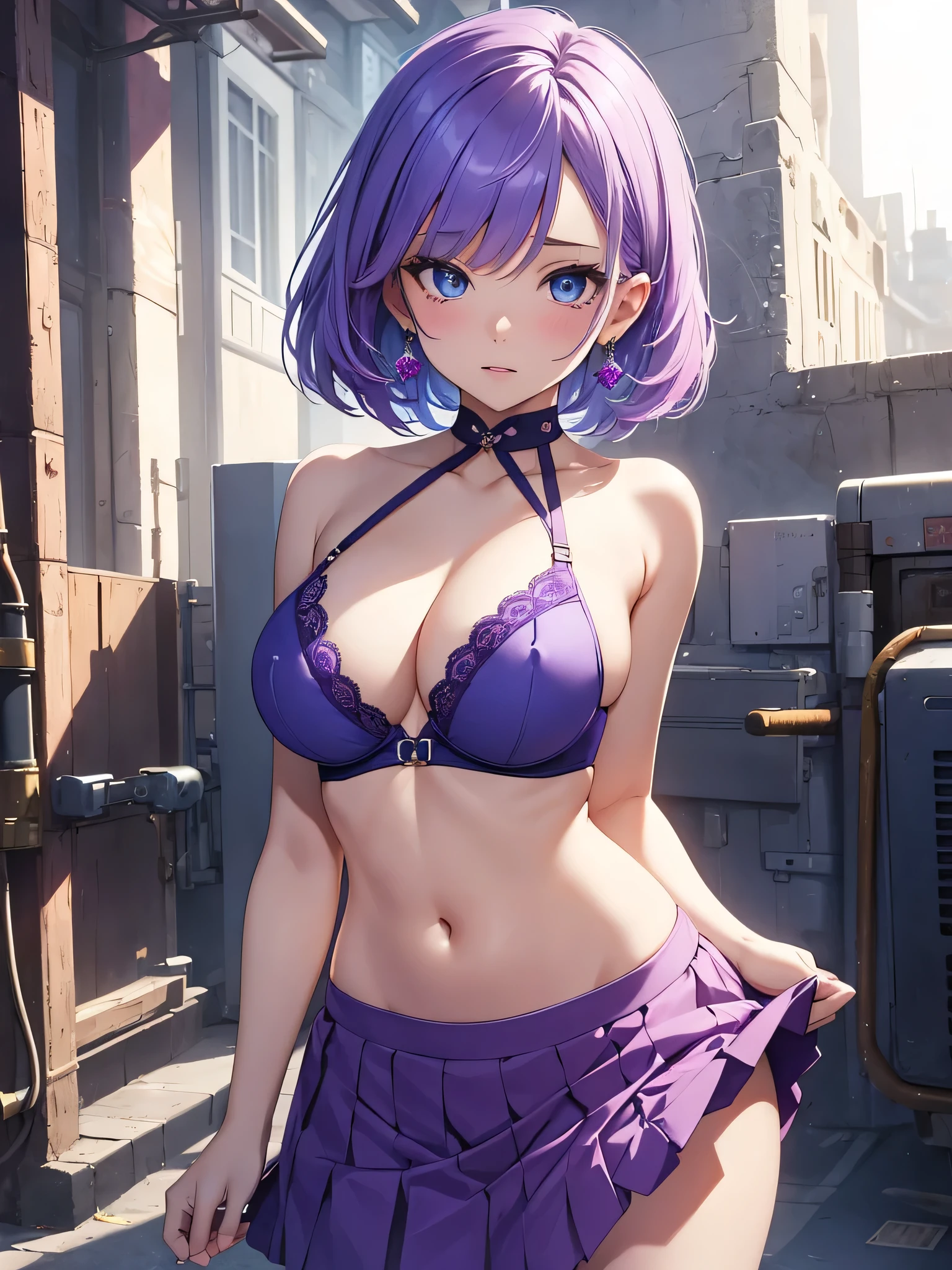 (Masterpiece), (Best Quality), (1 Girl), blue purple hairs, blue purple bra, blue eyes, skirt, mini skirt, naked breasts, big breasts, short hairs, earrings, naked breasts, naked tits, pink nipples